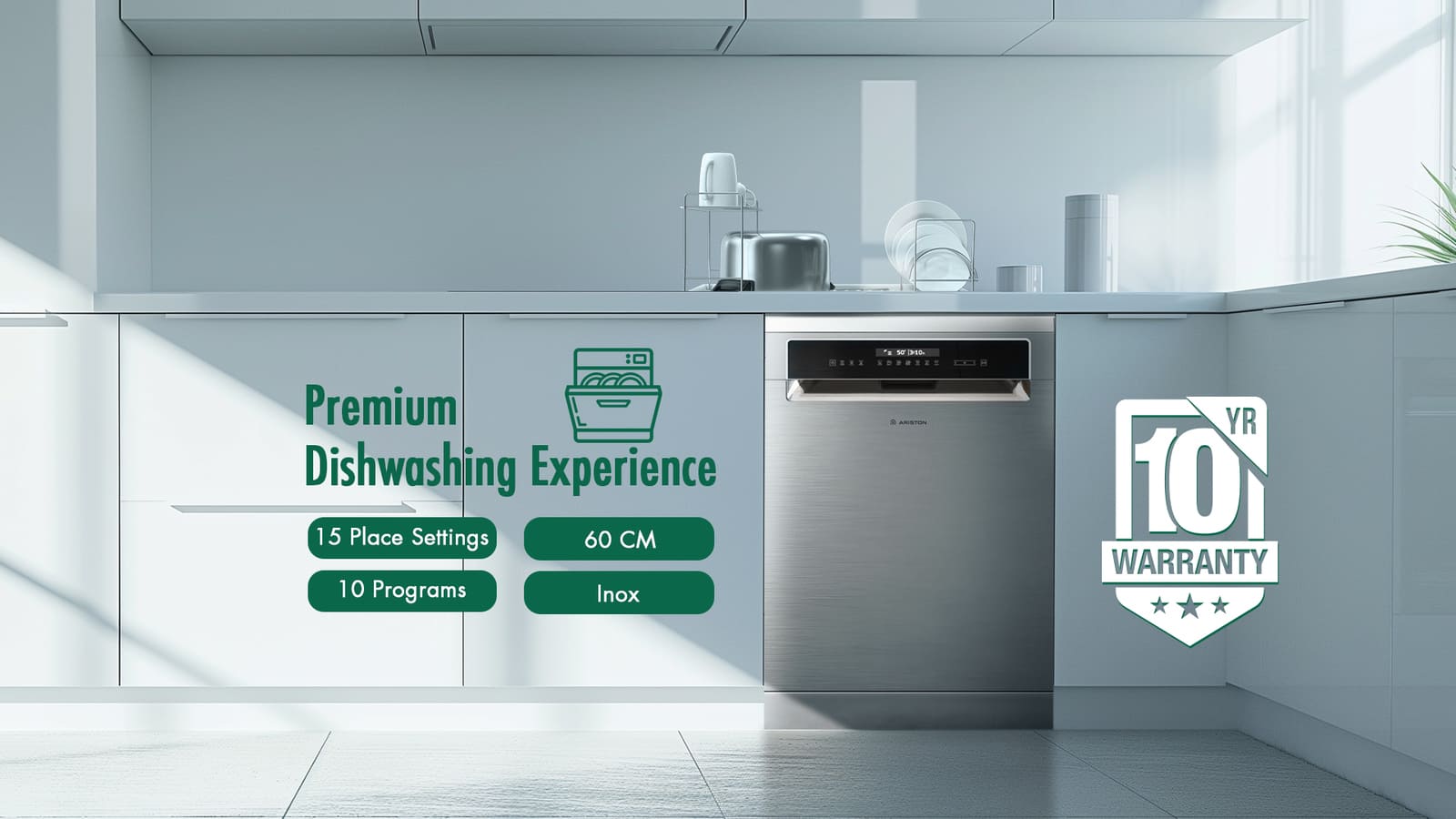 Ariston Dishwasher - 10 Programs - 15 Place Settings - Inox - LFP5P31WLTOX60HZ 1 LFP5P31WLTOX60HZeng 1