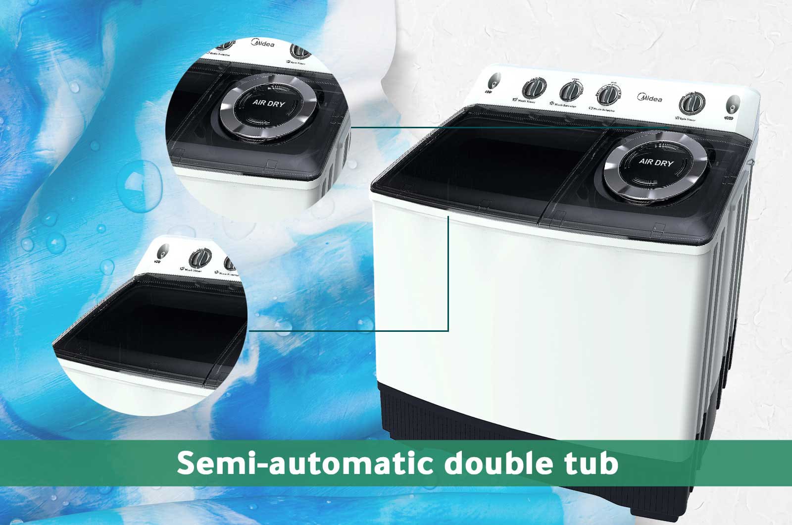 Midea Washer Top Load - Twin-Tub - 14 Kg Washing & 10 Kg Drying - 3 Programs - White - TW140ADNB 2 TW140ADNBeng 2